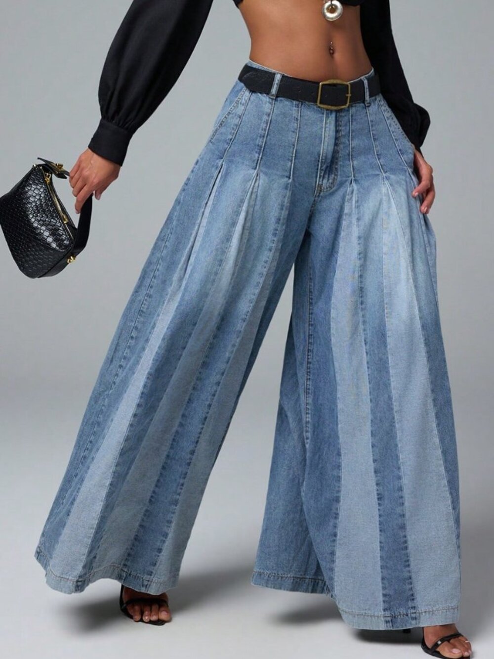 Medium Wash Casual Women's Two Tone Denim Wide Leg Flowy Baggy Jeans - Picture 3 of 7